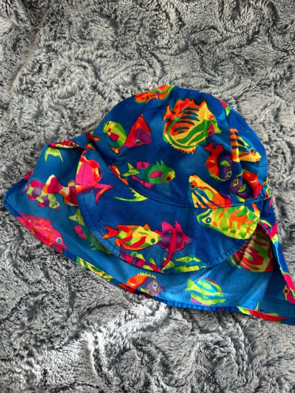 EUC Flap Happy Blue Tropical Fish Print Hat Sz XL 2 years